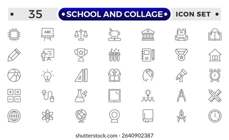 School and College Outline Icon Set. Back to School, College, Study Tools, and Education Vector Collection.
