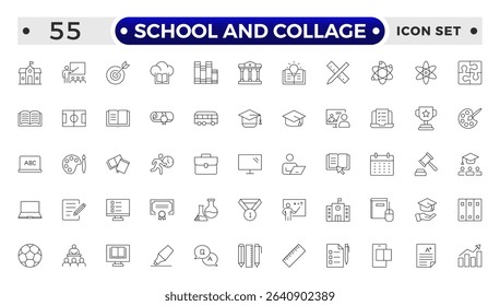School and College Outline Icon Set. Back to School, College, Study Tools, and Education Vector Collection.

