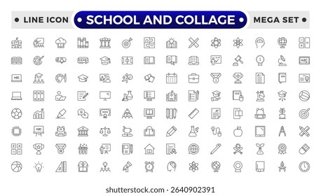 School and College Outline Icon Set. Back to School, College, Study Tools, and Education Vector Collection.

