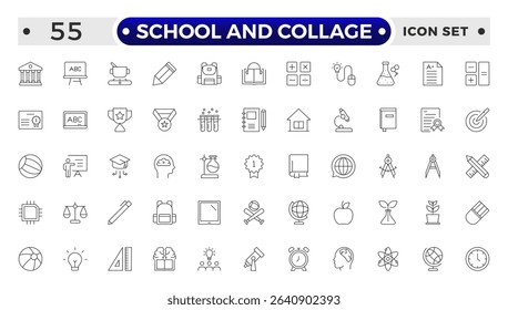 School and College Outline Icon Set. Back to School, College, Study Tools, and Education Vector Collection.
