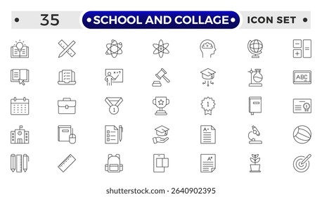 School and College Outline Icon Set. Back to School, College, Study Tools, and Education Vector Collection.
