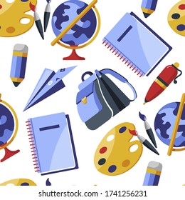 School Or College Stationery, Supplies For University Lessons And Classes. Seamless Pattern With Notebooks, Pens And Pencil, Globe World Model, Palette With Paintbrushes And Tones. Satchels Vector