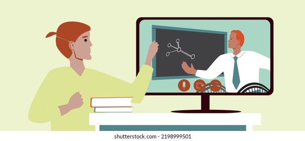 Estudiante escolar o universitario en biblioteca tecnológica moderna, ilustración de material de escritorio plano con monitor de computadora y e-learning