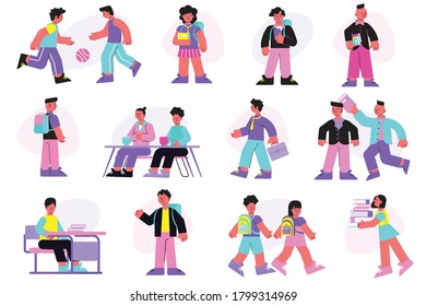 School college students pupils in library canteen playing soccer basketball sitting at desk flat set vector illustration