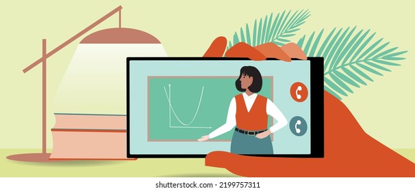 School or college student's workplace, flat vector stock illustration with lamp, books and smartphone for e-learning