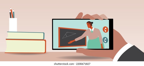 School or college student's workplace, flat vector stock illustration with study desk and online lecture by African teacher online