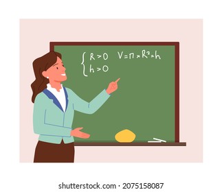 School or college teacher training on math lesson or lecture in classroom vector illustration. Cartoon female teacher teaching mathematics, standing near formulas on chalkboard. Education concept
