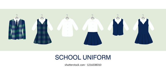 School or College Uniforms on Hangers. Kids Clothes Vector Set