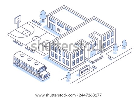 School, college or university building in isometric contour style with a basketball court in the schoolyard. School bus. Vector illustration for website, brochure or mobile app