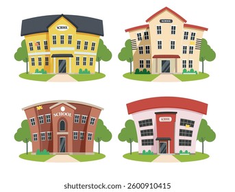 School college university clipart set. School building drawing clip art for student and pupils learning classroom icon colorful collection vector illustration. 
