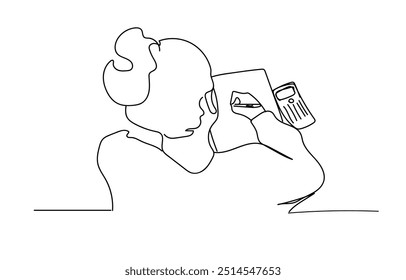 School, College University concept. Smart female reader enjoying literature or studying. Continuous single line drawing of university student taking notes on paper, line art vector illustration. 
