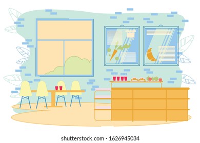 School, College, University Dining Interior Inside. Comfortable Place with Cozy Furniture of Table, Chair and Healthy Fresh Food and Drink. Dinner, Snack. Modern Flat Vector Illustration