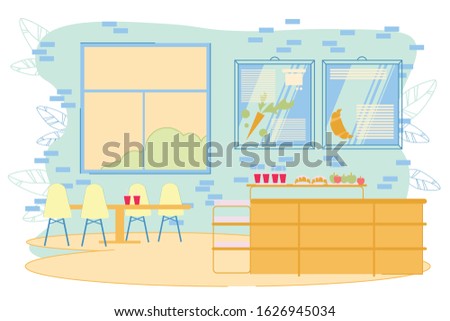 School, College, University Dining Interior Inside. Comfortable Place with Cozy Furniture of Table, Chair and Healthy Fresh Food and Drink. Dinner, Snack. Modern Flat Vector Illustration