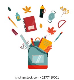 School, college or university items with autumn leaves. Backpack, stationary, books, water bottle, face mask and sanitizer. Back to School banner. Flat design. Vector illustration.