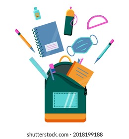 School Or College Or University Items Flying Over Backpack.  Stationary, Books, Face Mask And Sanitiser. Flat Design. Vector.