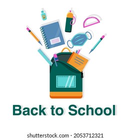School or college or university items flying over backpack with Text. Stationary, books, face mask and sanitiser. Back to School. Flat design. Vector.