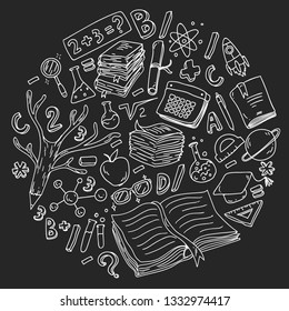 School, college, university, kindergarten pattern with vector elements and icons. Creativity and imagination.