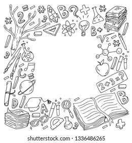School, college, university, kindergarten pattern with vector elements and icons. Creativity and imagination.