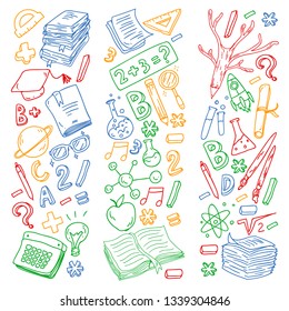 School, college, university, kindergarten pattern with vector elements and icons. Creativity and imagination.
