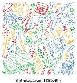 School, college, university, kindergarten pattern with vector elements and icons. Creativity and imagination.