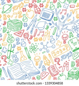 School, college, university, kindergarten pattern with vector elements and icons. Creativity and imagination.