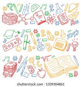 School, college, university, kindergarten pattern with vector elements and icons. Creativity and imagination.