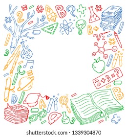 School, college, university, kindergarten pattern with vector elements and icons. Creativity and imagination.