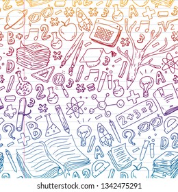 School, college, university, kindergarten pattern with vector elements and icons. Creativity and imagination.
