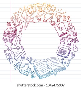School, college, university, kindergarten pattern with vector elements and icons. Creativity and imagination.