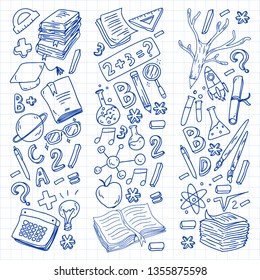 School, college, university, kindergarten pattern with vector elements and icons. Creativity and imagination.