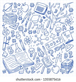School, college, university, kindergarten pattern with vector elements and icons. Creativity and imagination.