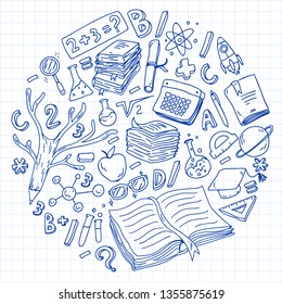 School, college, university, kindergarten pattern with vector elements and icons. Creativity and imagination.