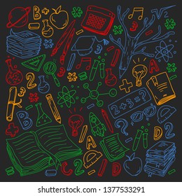 School, college, university, kindergarten pattern with vector elements and icons. Creativity and imagination.