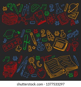 School, college, university, kindergarten pattern with vector elements and icons. Creativity and imagination.