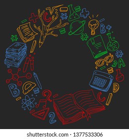School, college, university, kindergarten pattern with vector elements and icons. Creativity and imagination.