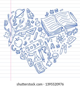 School, college, university, kindergarten pattern with vector elements and icons. Creativity and imagination.