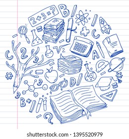 School, college, university, kindergarten pattern with vector elements and icons. Creativity and imagination.