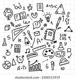 School, college, university, kindergarten pattern with vector elements and icons. Creativity and imagination.