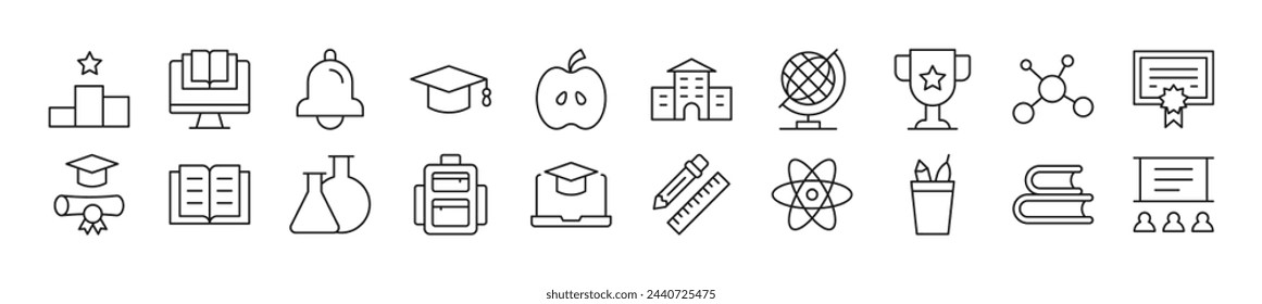 Colección de iconos vectoriales lineales de escuela, universidad. Trazo editable. Ilustración lineal simple para sitios web, periódicos, libros de artículos