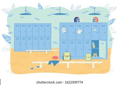 School, College, University Locker Changing Room Interior with Equipment. Football or Rugby Helmet on Individual Closed Metal Box with Training Sportswear. Sneakers on Floor near Bench. Vector