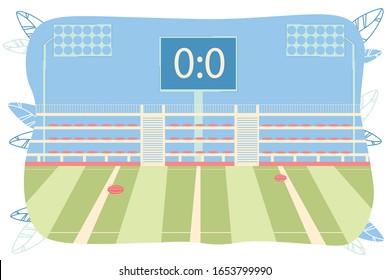 School, College, University Outdoor Court for Team Game of American Football or Rugby. Empty Place with Ball, Scoreboard, Ceiling Fan Sector Seats and Stairs. Tournament and Match. Vector Illustration