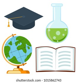 School college university science cartoon icon set poster hat test tube open book globe. Flat vector illustration for gift card certificate banner sticker, badge sign, stamp, logo, label.