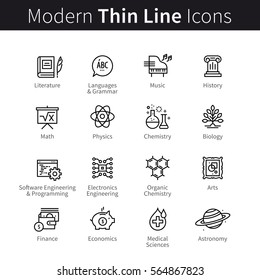 School, College And University Science Education Concept. Arts, Formal Sciences, Software Engineering, Medical & Chemistry Knowledge. Modern Thin Line Art Icons. Linear Style Illustrations On White.