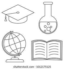 School college university science line art icon set poster. Coloring book page for adults and kids. Lineart illustration for gift card certificate banner sticker, badge sign, stamp, logo, label.