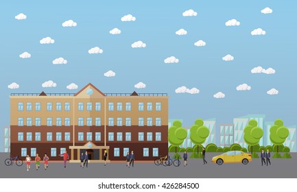 School and college vector banner. Students and teachers walk next to university and school buildings.
