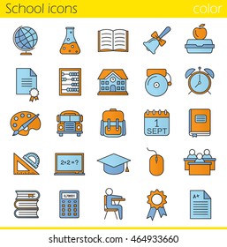 School color icons set. Class register, calculator, pupils, school bus, bell and building. Open textbook, diploma, lunchbox, rulers, backpack, calendar and academic cap. Isolated vector illustrations