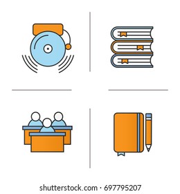 School color icons set. Students, class journal with pencil, ringing school bell, books stack. Isolated vector illustrations