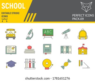 School color line icon set, education symbols collection, vector sketches, logo illustrations, back to school icons, knowledge signs colorful linear pictograms, editable stroke