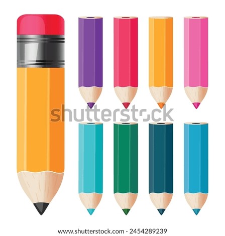 School color pencil vector set design. School elements student pencil and colorful color pencil drawing and writing items collection isolated in white background. Vector illustration school color 