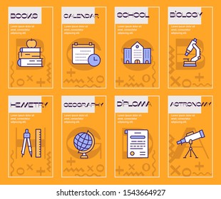 School color vector linear icons. Education outline illustrations pack. Microscope, backpack, globe pictograms. Books, timetable, telescope. School subjects. Learning thin line isolated symbols pack